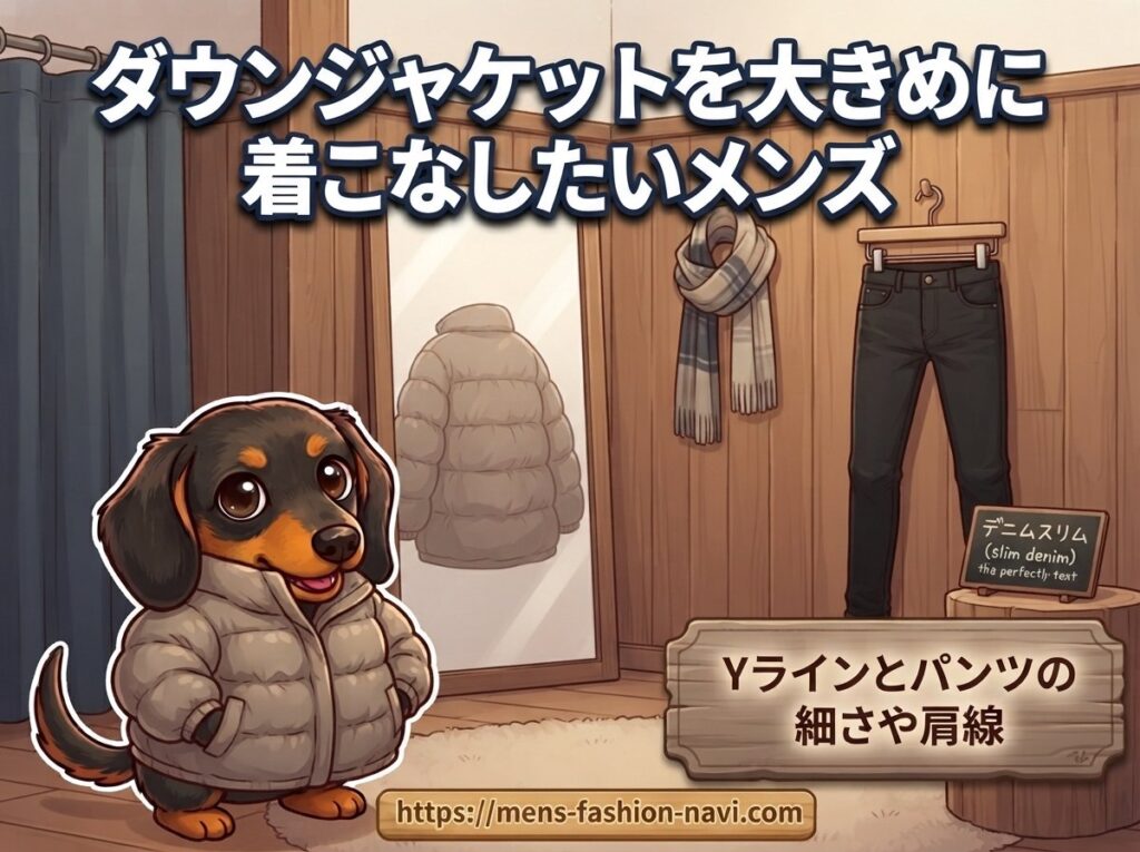 【ダウンジャケットを大きめに着こなしたいメンズ】Yラインとパンツの細さや肩線