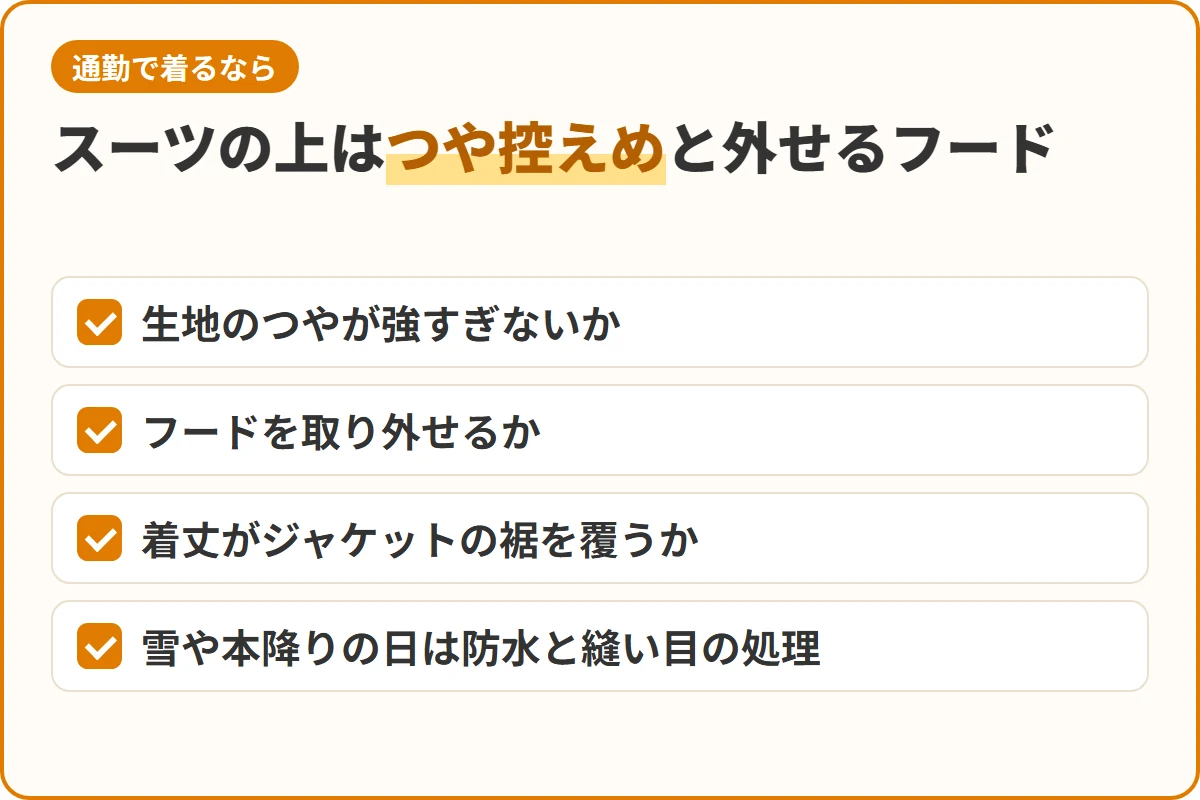 スーツの上はつや控えめと外せるフード