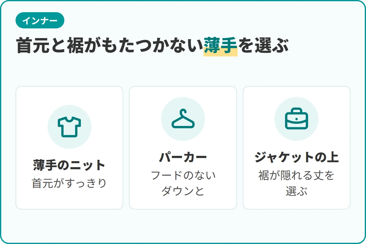 首元と裾がもたつかない薄手を選ぶ
