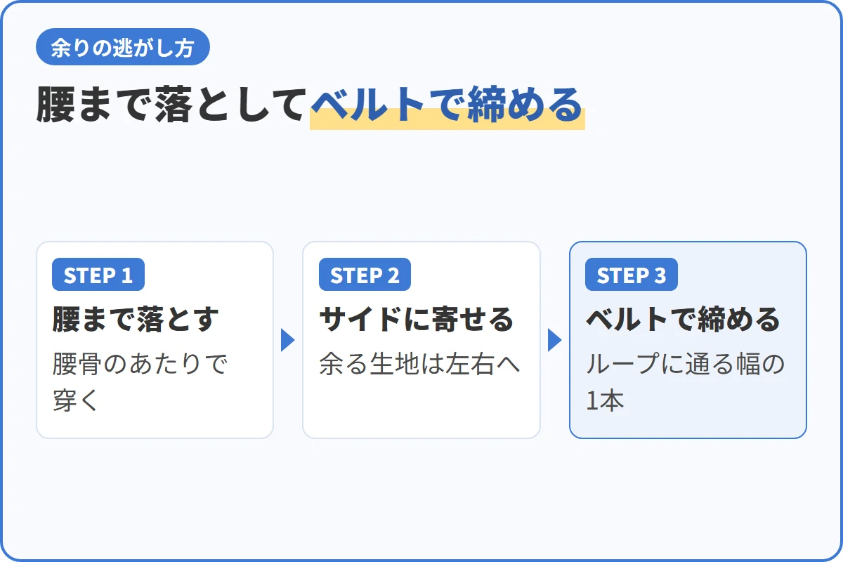 腰まで落としてベルトで締める