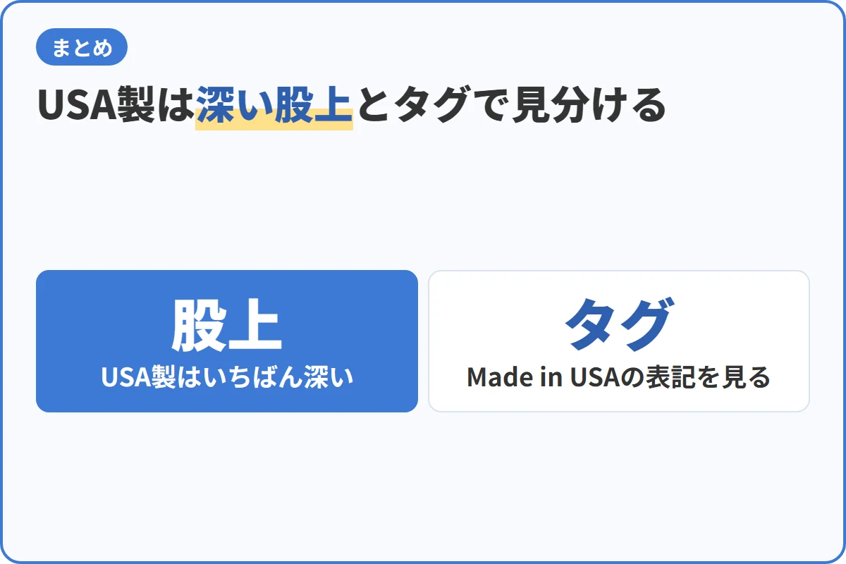 USA製は深い股上とタグで見分ける