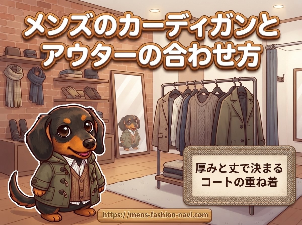 【メンズのカーディガンとアウターの合わせ方】厚みと丈で決まるコートの重ね着