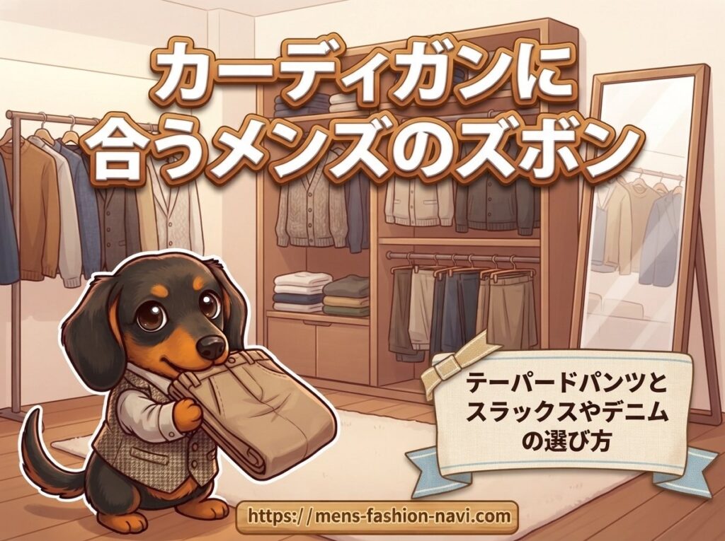 【カーディガンに合うメンズのズボン】テーパードパンツとスラックスやデニムの選び方