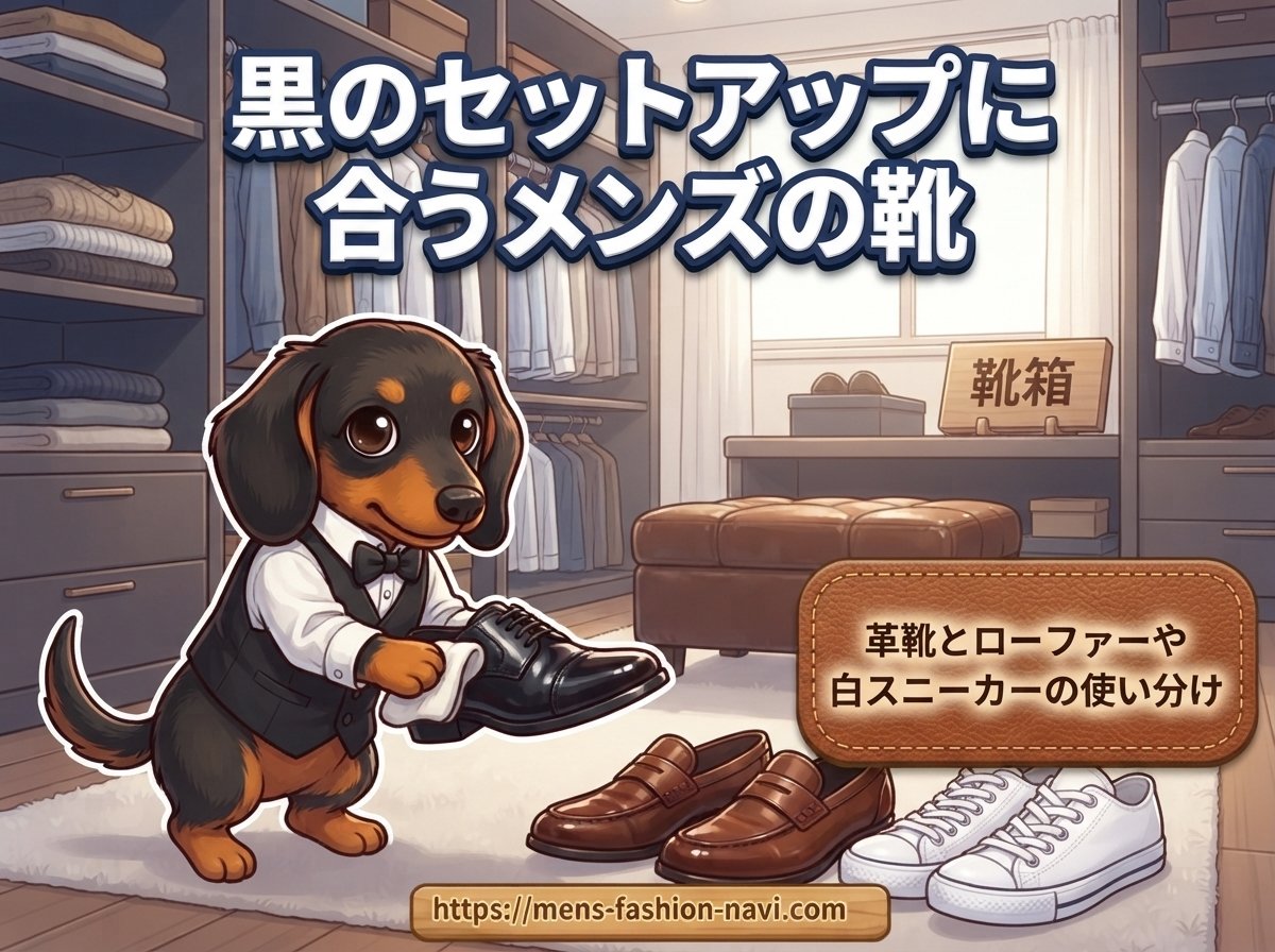【黒のセットアップに合うメンズの靴】革靴とローファーや白スニーカーの使い分け