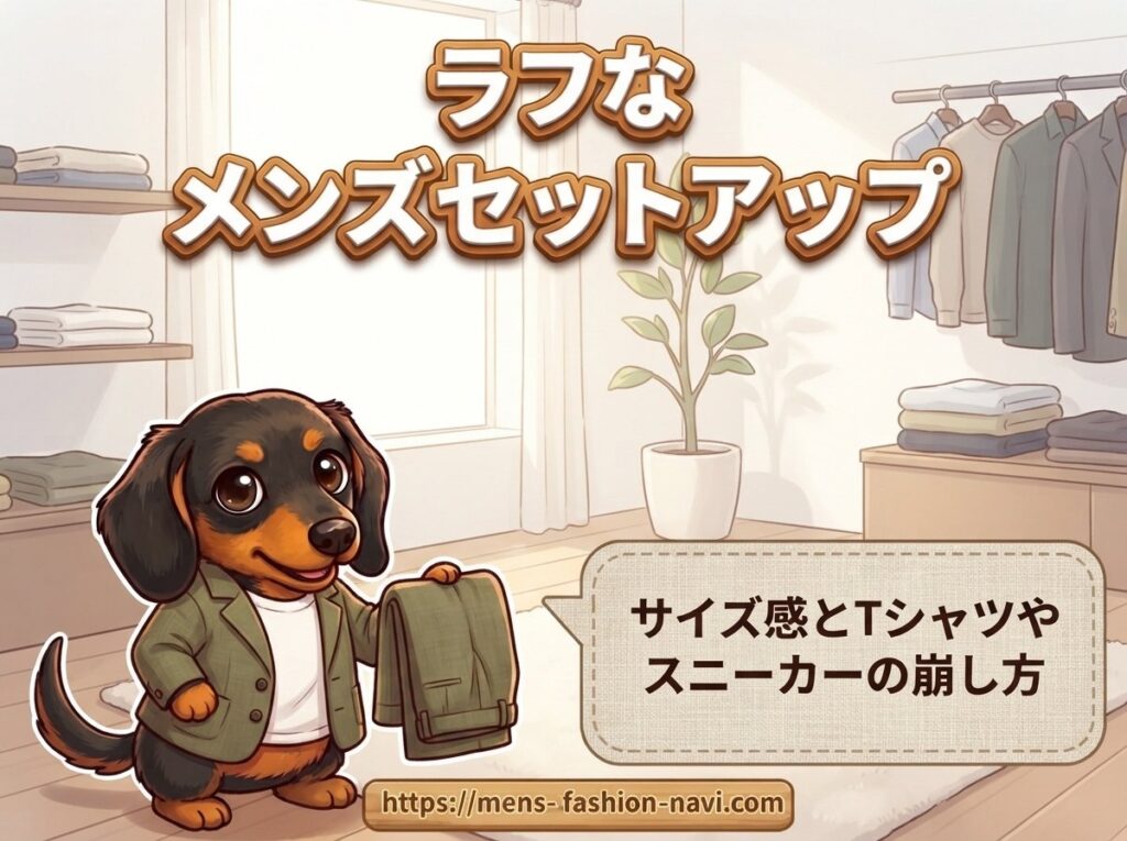 【ラフなメンズセットアップ】サイズ感とTシャツやスニーカーの崩し方