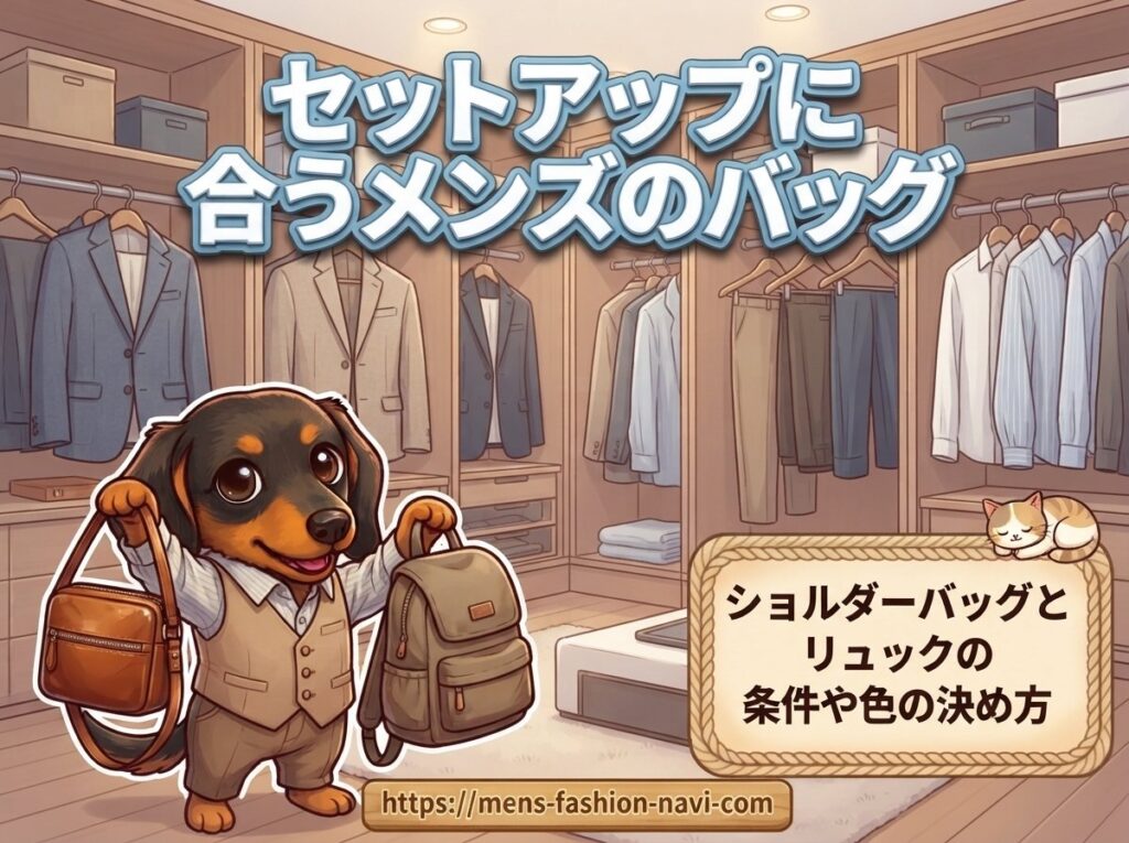 【セットアップに合うメンズのバッグ】ショルダーバッグとリュックの条件や色の決め方