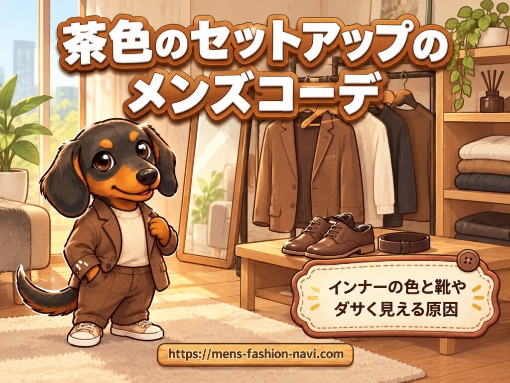 【茶色のセットアップのメンズコーデ】インナーの色と靴やダサく見える原因