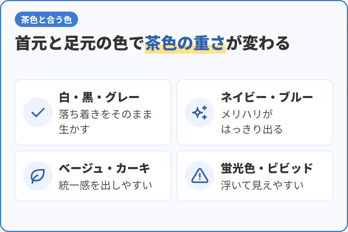 首元と足元の色で茶色の重さが変わる