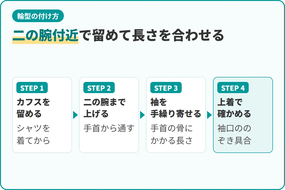 二の腕付近で留めて長さを合わせる