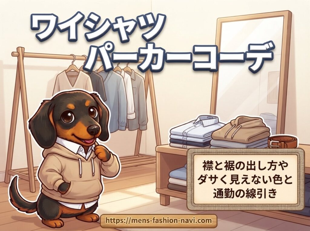 【ワイシャツパーカーコーデ】襟と裾の出し方やダサく見えない色と通勤の線引き