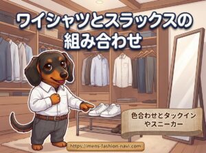 【ワイシャツとスラックスの組み合わせ】色合わせとタックインやスニーカー